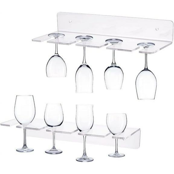 2 Set Transparent Acrylic Wall Mounted Stemware Rack Wine Glass Holder Holds Up to 4Pcs Goblets Wine Glass Rack for Bar Kitchen Cabinet Clear