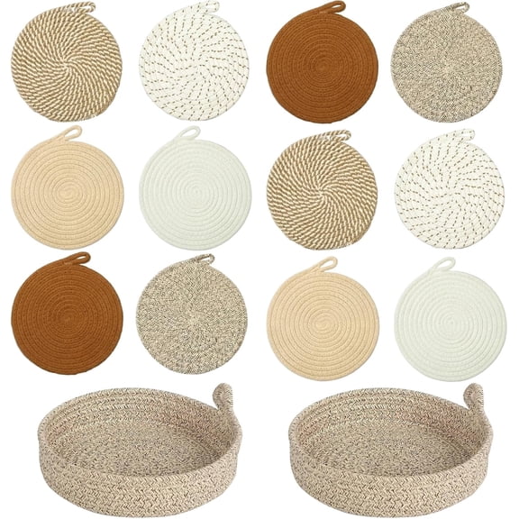 2 Set Trivets for Hot Dishes with Storage Basket, 12-Pack 8-Inch Heat-Resistant Mats for Pots and Pans, Protects Quartz Countertops