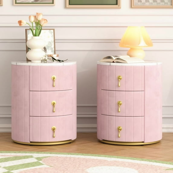 2 Set Upholstered Nightstand with 3 Drawers, Round Bedside Table with Metal Handles,Marbling Stickers Top Night Table for Bedroom, Fully Assembled Except Handles, Pink