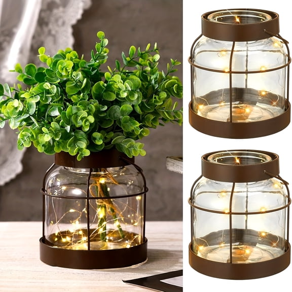 2-Set Vintage Glass Lantern Vase with Lights - Rustic Farmhouse Clear Glass & Iron Cylinder Vases, /Lowered for Indoor Table Centerpiece, Housewarming Wedding Holiday Decor, Glass/Vase Set
