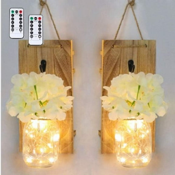 2 Set Vintage Mason Jar Sconces Lights Rustic Wooden Wall Hanging Decor LED Fairy Lights with Remote Control Hydrangea Flower/Green Plant Lights for Home Kitchen Decor (Brown Board-White Flower)
