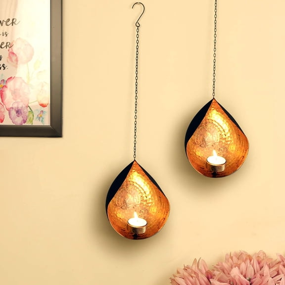 2 Set Wall Hanging Tea Light Candle Holders | Iron, Golden | 18 Inch | Votive Sconce Candle Holder for Home, Living Room, Home Decorations | Tealight Holder for Wall Hanging