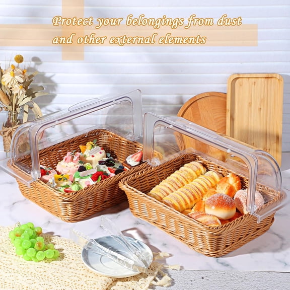 2 Set Wicker Bread Baskets with Acrylic Roll Top Lid for Serving Fruit Food Party Picnic