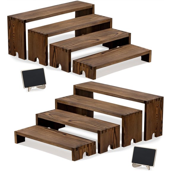 2 Set Widened Wood Tiered Display Stands, Cupcake Stand Buffet Risers | Stackable Modular Design, Chalkboard Signs, No Assembly Required, for Vendor Events Craft Shows