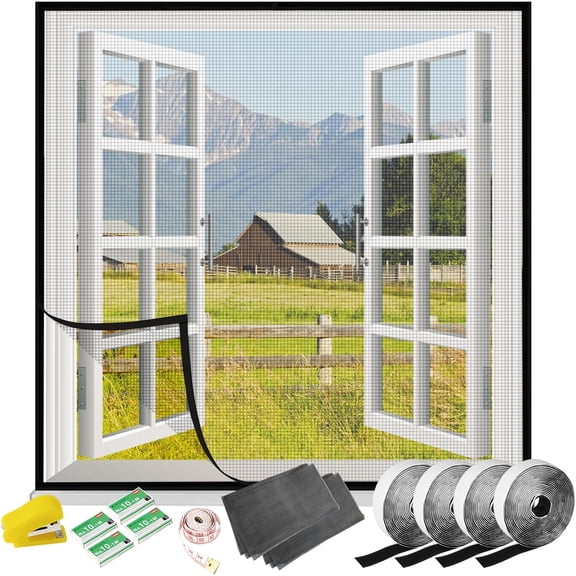 2 Set Window Screen Kit, Adjustable DIY Max 39" x 59"/ 100 x 150 cm Window Screen Replacement, Fiberglass Screen Mesh for Windows with 1 Stapler 1 roll Tape Measure, Grey