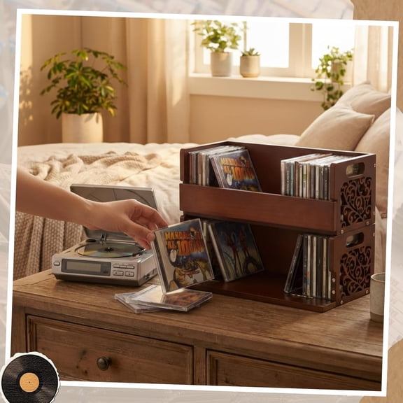 2 Set Wooden CD Holder Stackable Storage Rack with Magnetic Front-Opening Design Compact Media Organizer for Home Office Living Room Holds  to 36 Cases Brown