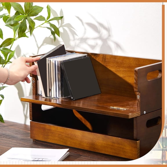 2 Set Wooden CD Storage Box Holder Shelf Cassette Tape Display Racks with Carrying Handles, Organizer Shelf for Movie Cases, DVDs, Each Set Can Store up to 36 Pcs CDs (Brown)