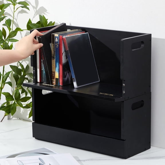 2 Set Wooden DVD Storage Box DVD Storage Shelf Holder Solid Wood Cassette Tape Display Organizer with Carrying Handle for CD, Movie Cases, Each Organizer Can Store up to 26 Boxes (Black)