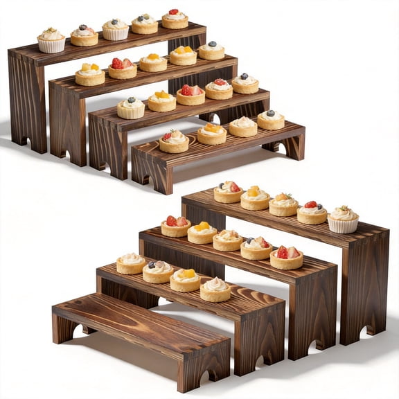 2-Set Wooden Tiered Riser Display Stands - Stackable Farmhouse Dessert Table Risers, Rustic Cupcake Stand & Food Display Set for Vendor Events, Parties, & Buffet Decor (4 Sizes)