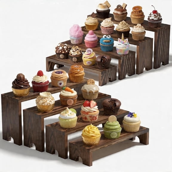WooOrganix 2 Set Wooden Display Risers, Stackable Tiered Cupcake Stand for Dessert Tables, Vendor Booths and Farmhouse Decor