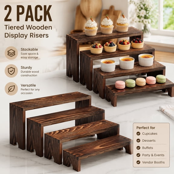 2 Set Wooden Tiered Risers Display Stands for Vendor Events, Stackable Wood Cupcake Display, Farmhouse Dessert Table Decor, Party Food Riser Stands