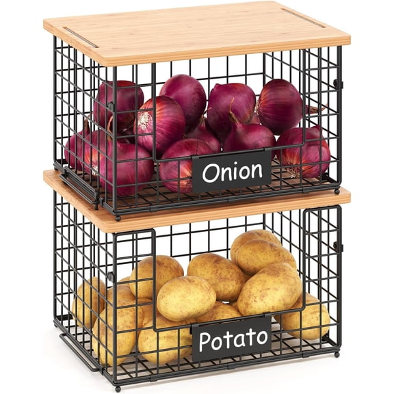 2 Set XL Stackable Wire Baskets with Bamboo Top- Pantry Organizers and Storage, Kitchen Organization Counter Storage Bins for Potato/Onion/Fruit/Vegetable/Produce, Under Sink Organizing