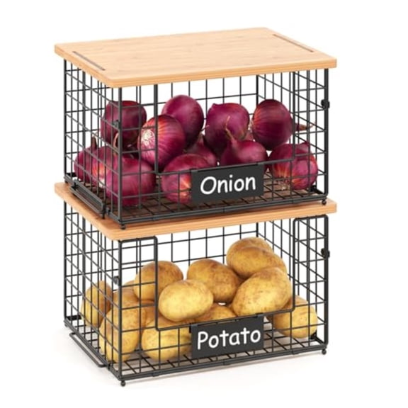 2 Set XL Stackable Wire Baskets with Bamboo Top- Pantry Organizers and Storage Kitchen Organization Counter Storage Bins for Potato/Onion/Fruit/Vegetable/Produce Under Sink Organizing