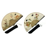 2 Set hand folding fan with silk pouches, Chinese style bamboo handheld foldable fans. Cat Butterflies and Flowers Print