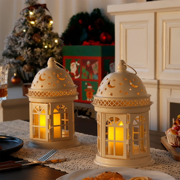 Set of 2 Decorative Lanterns-8.5 inch High Vintage Style Hanging Lantern Metal Candle Holder for Indoor Outdoor Events Parities and Weddings (White)