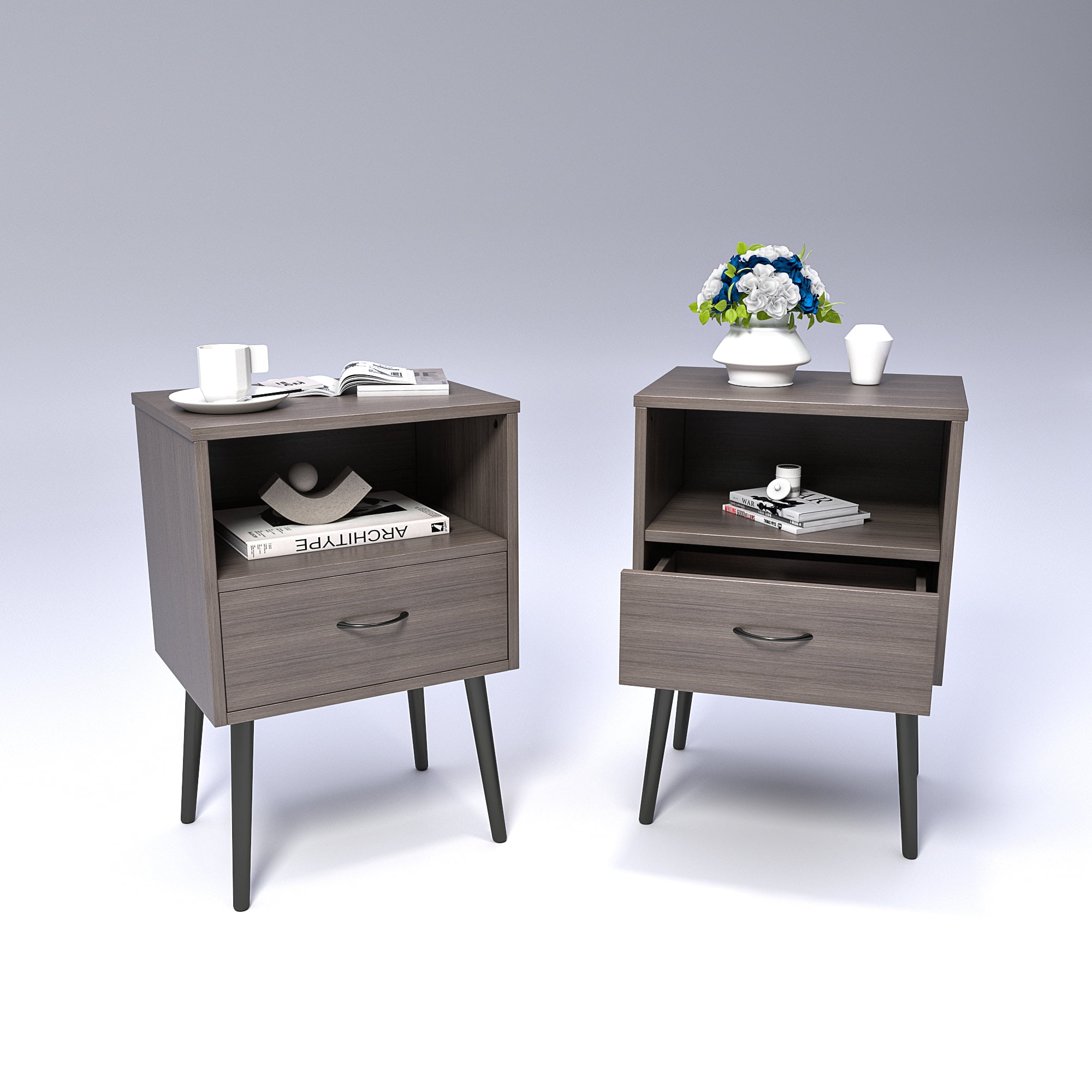 2 Set of Nightstand, Modern Style Bedside Table With Storage Drawers And Open Wooden Shelves, Suitable For Living Rooms, Bedrooms And Small Spaces