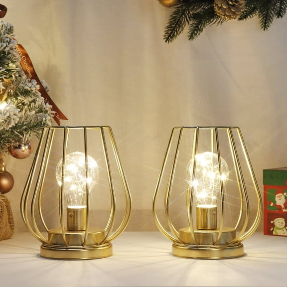 2 Set ofMetal Battery Operated Lamp 7'' Tall Mini Cage Shape Cordless Table Lamp