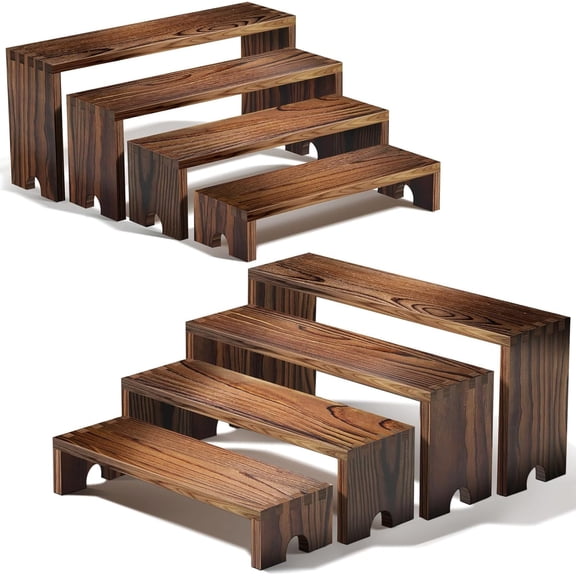 2 Set wood tone Wooden Tiered Display Stands 4 Tier Stackable Pine Wood Display Risers, Suitable for Vendor Events, Cupcake Stands, cake stand Wooden Dessert Table Sets