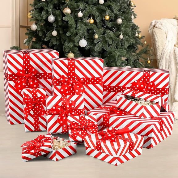 2 Sets/10 Pcs Christmas Gift Boxes with Lids, 5 Sizes, Cardboard Candy Cane Nesting Boxes, Heavy Duty Rectangle Stackable Christmas Nesting Gift Box Xmas New Year Holiday Present Wrapping