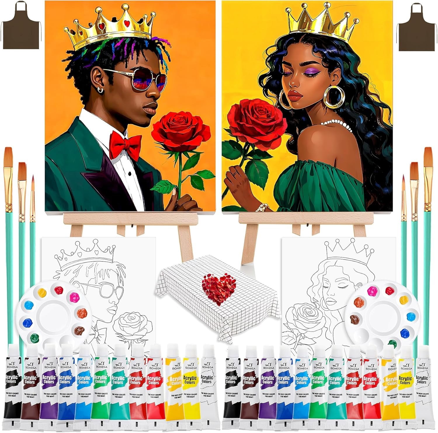 2 Sets 10x12 Couples Painting Kit Date Night, Sip and  Kit for Adults with Pre-Drawn Canvas (Easels Included),  for Date Night Painting and Sip Parties ( and )