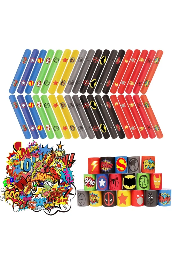 2 Sets 176Pcs Superhero Slap Bracelet W/ Superhero Stickers For Kids Boy & Girl