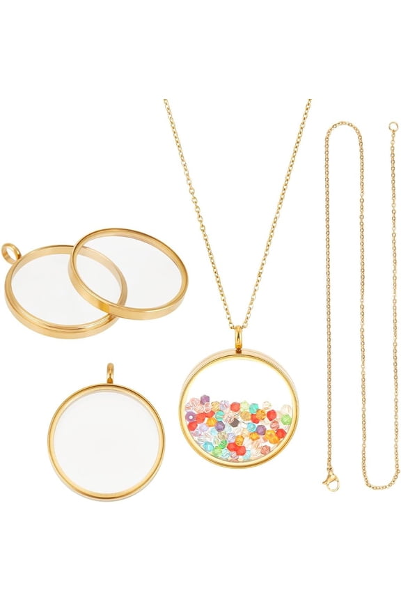 2 Sets 18K Gold Plated Memory Locket Pendants 30mm Stainless Steel Floating Locket Pendants with 17.7 inch/45cm Necklace Glass Photo Frame Locket Pendants for Christmas Jewelry Making