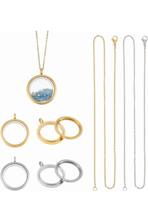 2 Sets 2 Colors Stainless Steel Living Memory Floating Locket Pendants Necklace Glass Photo Frame Locket Pendant for DIY Jewelry Necklace Making colorful
