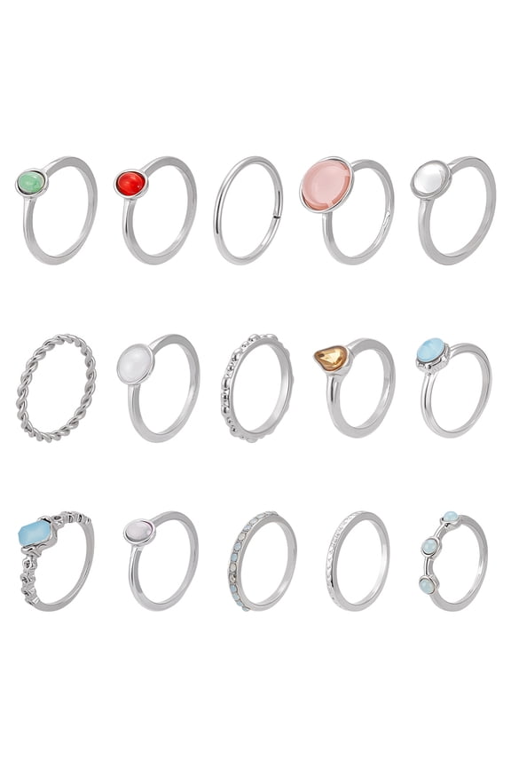 2 Sets 2 Style Alloy Finger Rings Sets Mixed Shape Platinum 1-1.5mm Inner Diameter: 12.5-15mm
