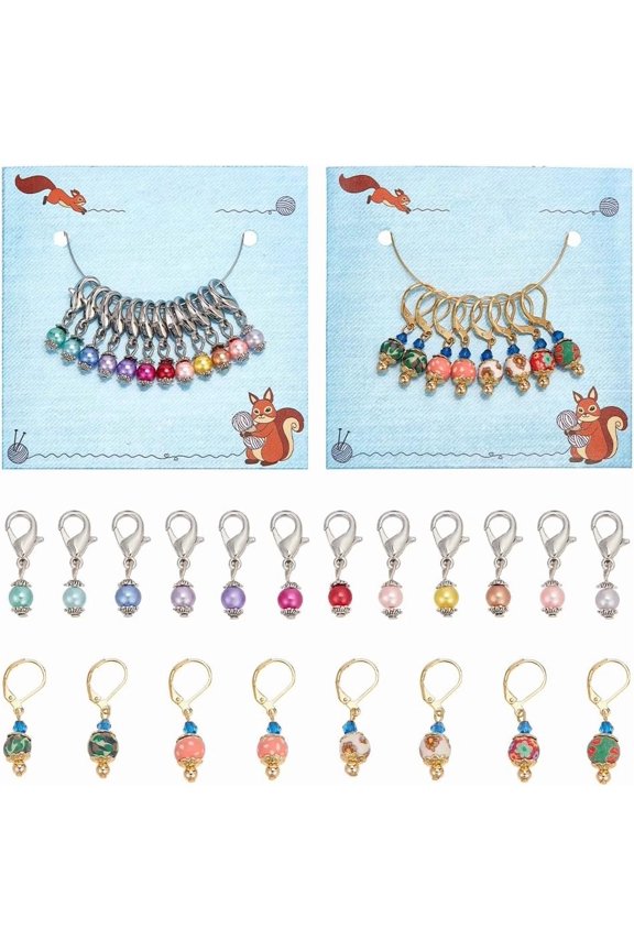 2 Sets 2 Style Glass Pearl & Handmade Polymer Clay Bead Charm Locking Stitch Marker Crochet Leverback Hoop 25~33mm 1 set/style