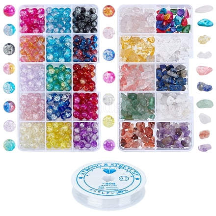 2 Sets 2 Style Natural & Synthetic Gemstone & Shell Beads Chips Round Transparent Glass Beads with Elastic Thread for DIY Jewelry Making Mixed Color 8.5x7.5mm