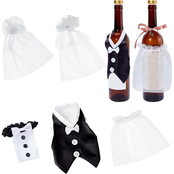 2 Sets 2 Style Organza & Cloth Bride and Groom Wine Bottle Cover Wedding Gift Wine Wrap Mixed Color 160~185x93~154x3~23mm 1 set/style