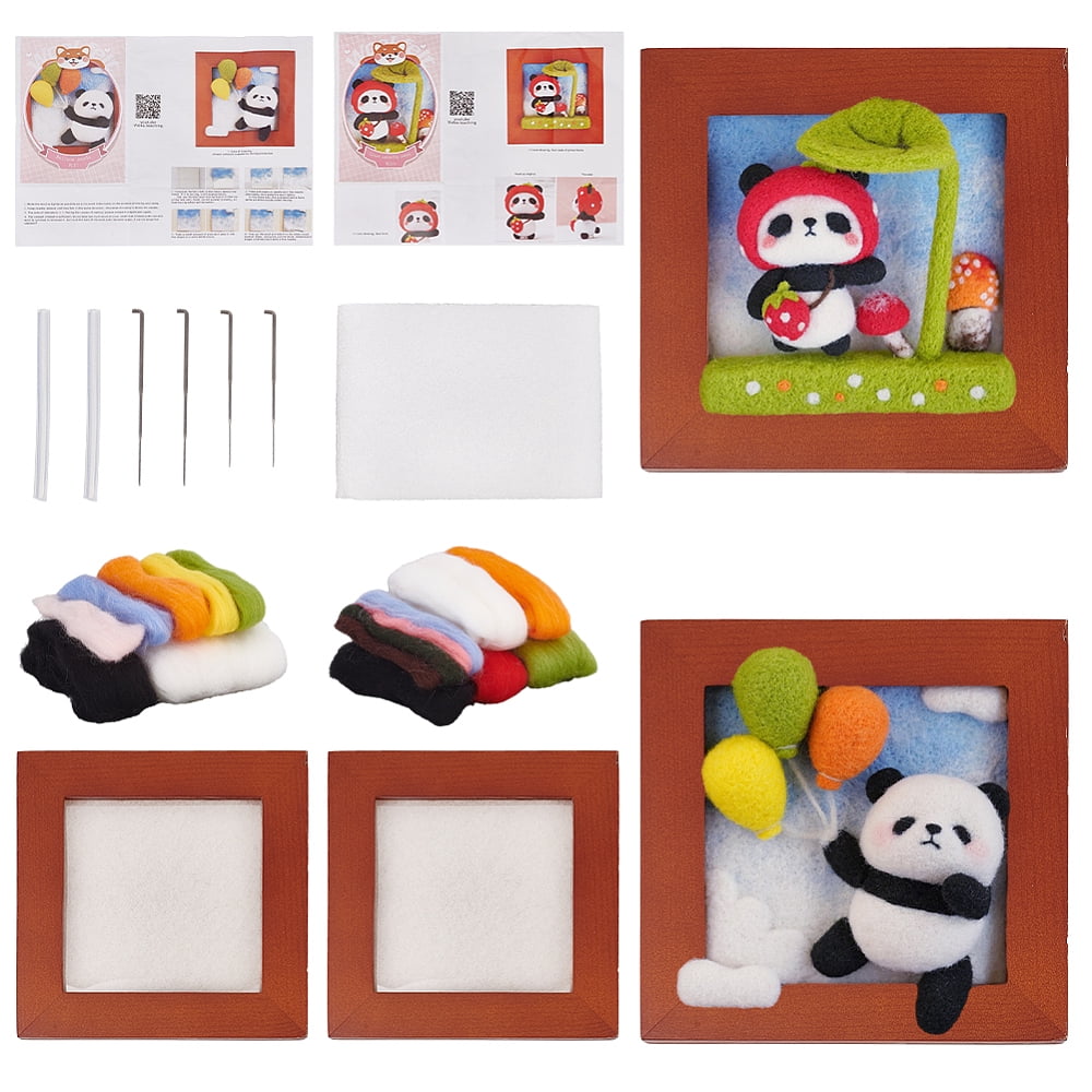 2 Sets 2 Style Panda Photo Frame Needle Felting Kit for Beginners DIY Wool Felt Material Set with Instructions Mixed Color 126x126x20mm