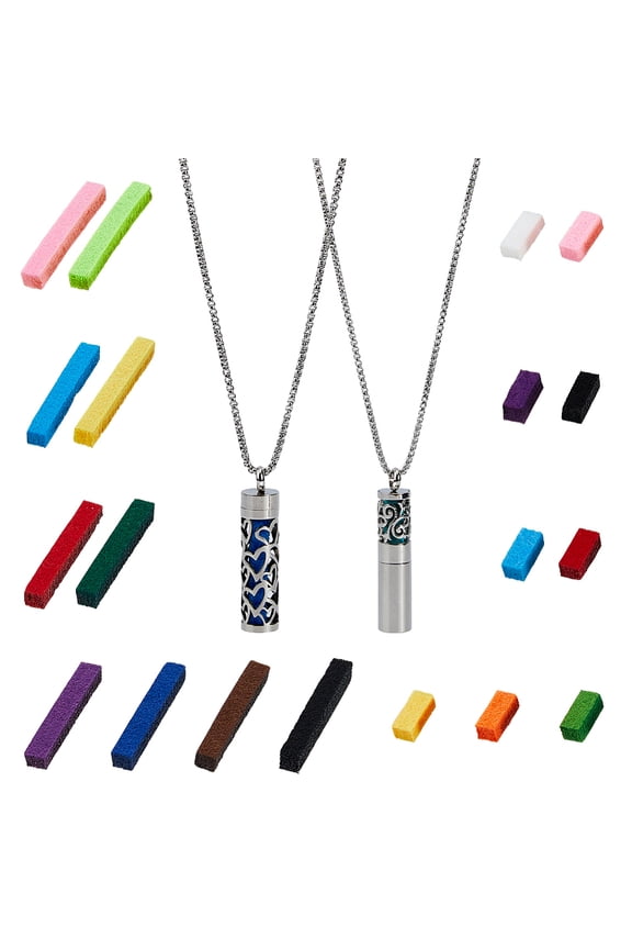2 Sets 2 Style Stainless Steel Perfume Bottle Necklaces Set Column Diffuser Pendant Necklaces with Changeable Perfume Pads