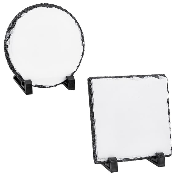 2 Sets 2 Style Sublimation Blank Slate Rock Stone Plate with Plastic Racks Photo Frame for Heat Press Machine Square Round White