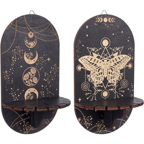 2 Sets 2 Style Wooden Wall-Mounted Small Crystal Display Shelf Witch Hanging Crystal Holder for Crystal Dowsing Pendulum Pendant Storage Mixed Patterns 21.5x11.6cm 1 set/style