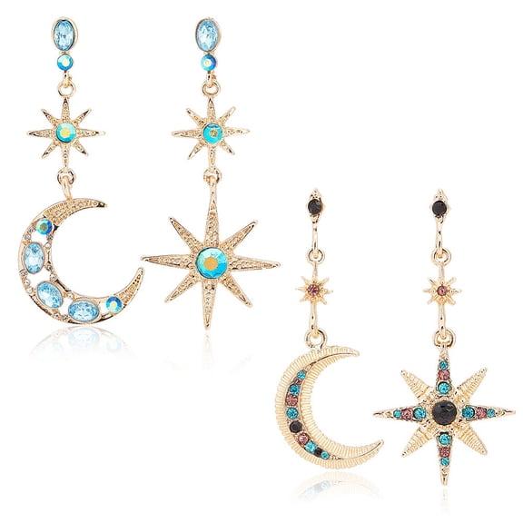 2 Sets 2 Styles Colorful Rhinestone Moon & Star Asymmetrical Earrings Zinc Alloy Dangle Stud Earrings for Women Light Gold 57~63mm Pin: 0.8mm 1 Set/style