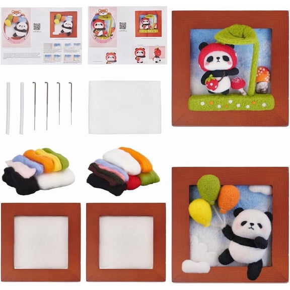 2 Sets 2 Styles Needle Felt Starter Set Panda Photo Frame Needle Felting Kit for Beginners Panda Theme Needle Felting Starter Kit with Photo Frame Wool Felt Painting Set for DIY Needlework