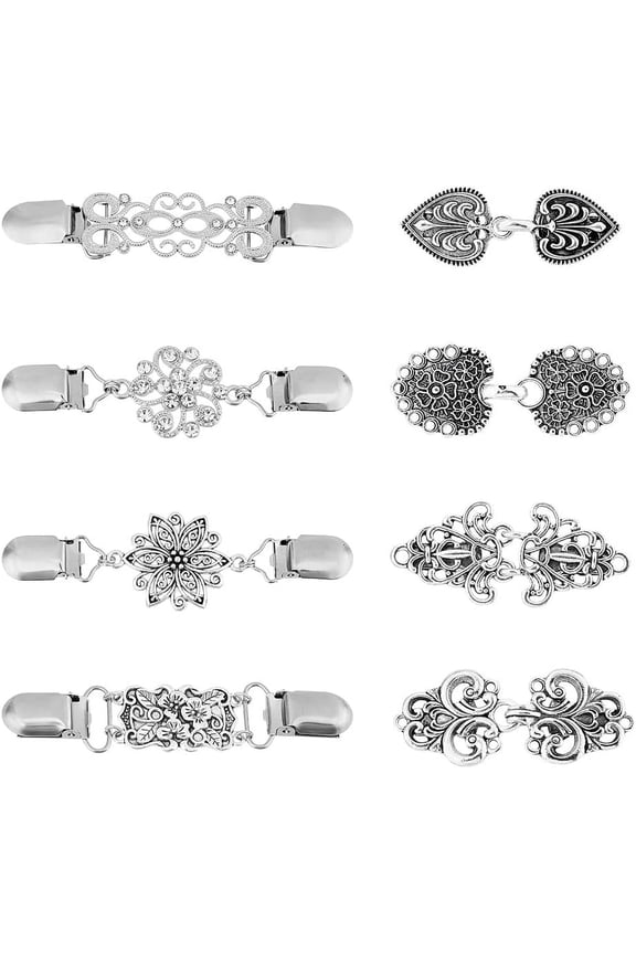 2 Sets 2 Styles Tibetan Style Alloy Hook Button Shawls and Capes Buckle for Garment Accessories Silver 22~128x23~68x9~14mm 4pcs/set
