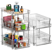 2 Sets of 2-Tier Clear Under Sink Organizers and Storage, Multi-Purpose Stackable Bathroom Cabinet organizers, Pull Out Kitchen Pantry Organization and Storage with Dividers