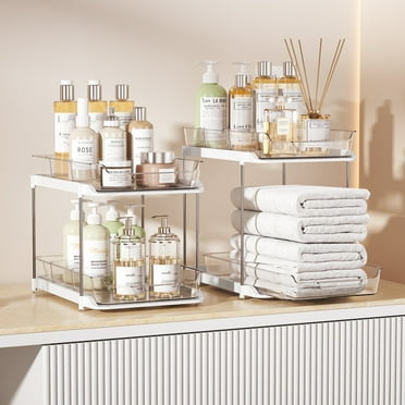 2 Sets of 2-Tier Delamu Multi-Purpose Bathroom Organizers, Stackable Kitchen Pantry Organization, Pull Out Medicine Cabinet Organizer with Movable Dividers