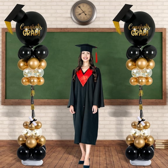 2 Sets 2026 Graduation Party Decorations 6.6ft Balloon Column Stand Kits Height Adjustable Black Gold and Grad Cap Balloon Stand with Base for Class of 2026 Graduation Party Decor