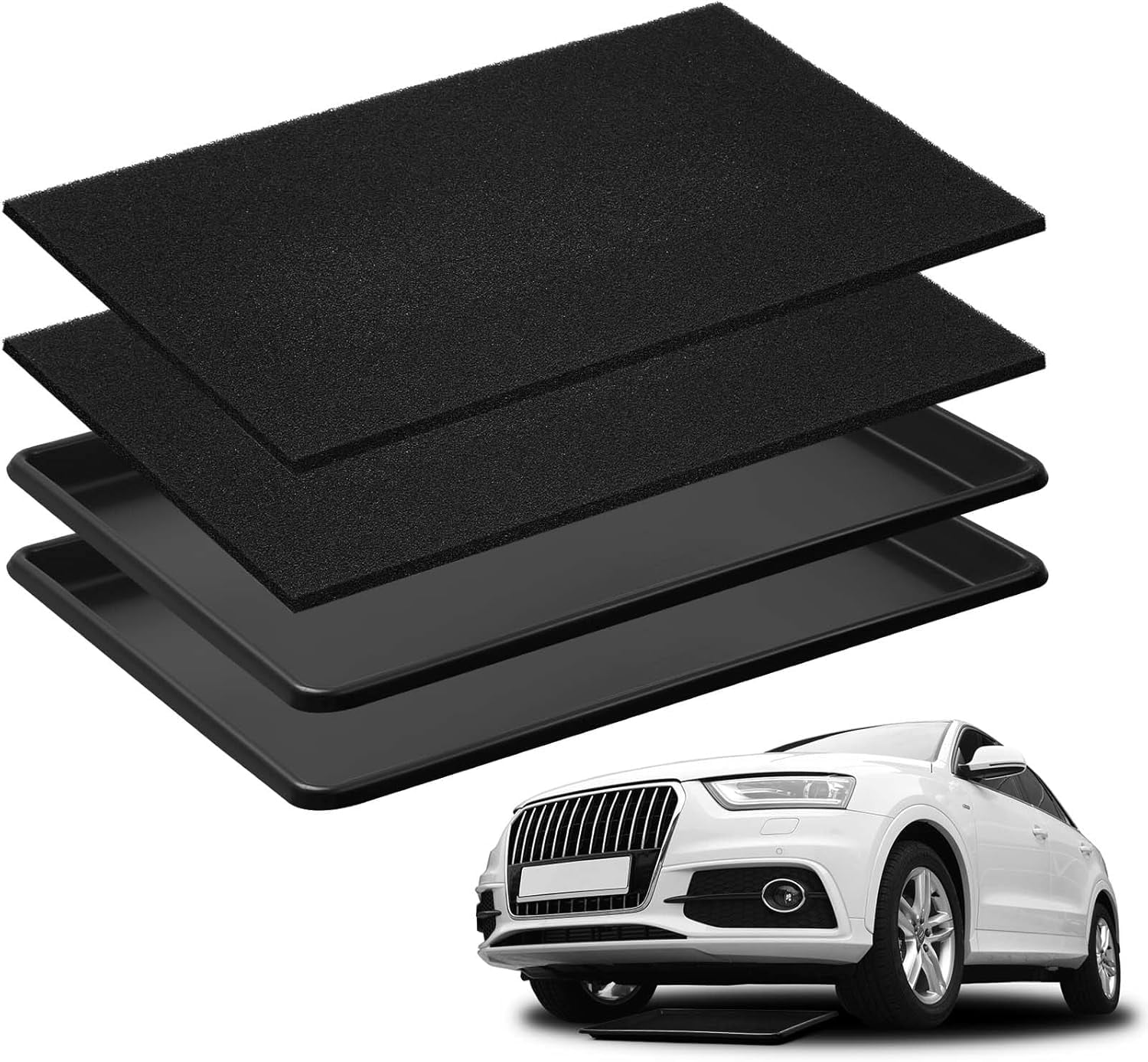 2 Sets 27'' x 20''x 1.4'' Oil Drain Drip Pan for Car with Square No Splatter Pad Oil Drip Tray with Mat for Under Car Transmission Garage Automotive Driveway to Keep Floor Clean, Black