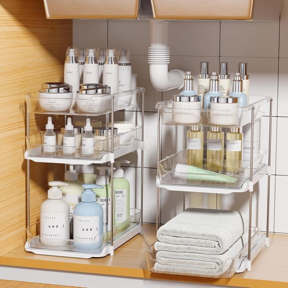 2 Sets of 3-Tier Bathroom Under Sink Organizers and Storage, Multi-Purpose Stackable Pantry Organization Pull Out Clear Kitchen Cabinet Organizer with Movable Dividers | Storage
