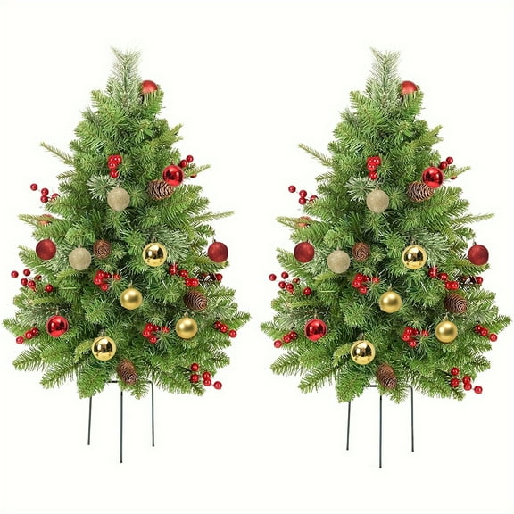 2 Sets 30-Inch Pre-Lit LED Outdoor Christmas Porch Trees, 300 Branches with Pine Cones, Red & Gold Ornaments, Ideal for Festive Outdoor Decor