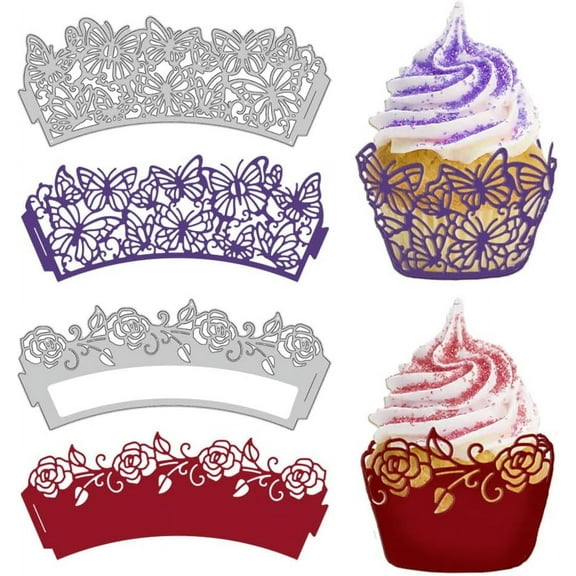 2 Sets 3D Bake Cake Paper Cups Cutting Dies for DIY Scrapbooking Metal Rose Butterfly Die Cuts Embossing Stencils Template for Paper Card Making Decoration Album DIY