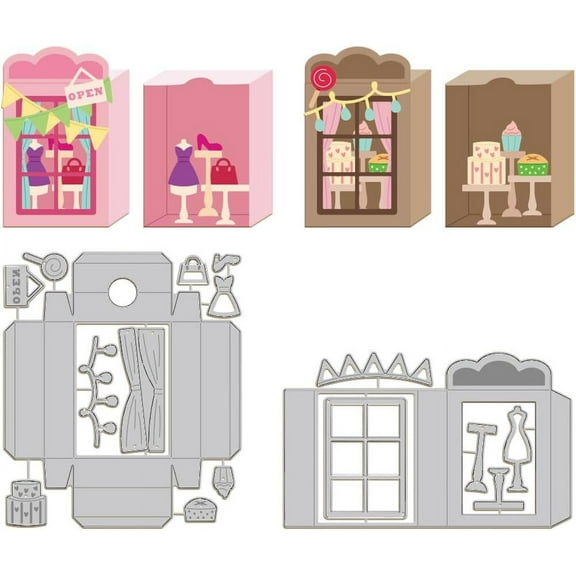 2 Sets 3D Box Window Display Cutting Dies for DIY Card Making Clothing Cake Carbon Steel Embossing Stencils Template for DIY Decorative Embossing Paper Card DIY Scrapbooking Album Craft