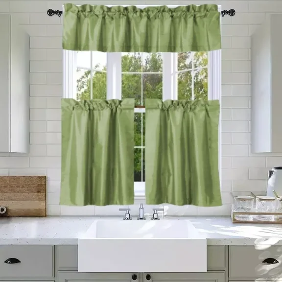 2 Sets 3PC LIME GREEN Faux Silk Kitchen Blackout Curtain Set Includes Valance (60"x14") & Two Tiers (30"x24") Elegant Light-Blocking Solid GHL4