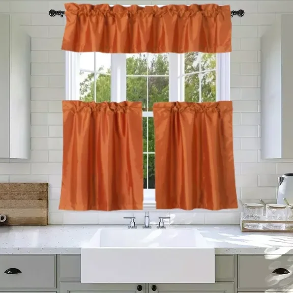 2 Sets 3PC ORANGE Faux Silk Kitchen Blackout Curtain Set Includes Valance (60"x14") & Two Tiers (30"x24") Elegant Light-Blocking Solid GHL4