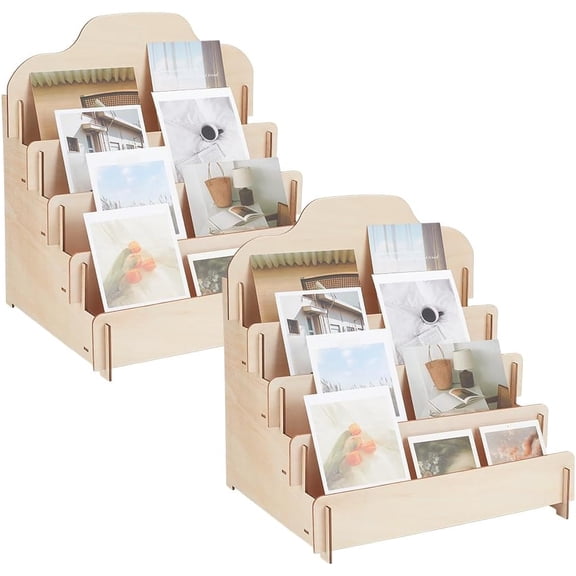 2 Sets 4 Tiers Greeting Card Display Stand Wooden Collector Display Rack Portable Birthday Cards Displays Multi-Purpose Sticker Displays Stand for Vendors Postcard Rack 11.8"x10.39"x12.6"