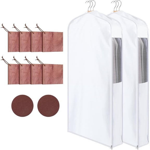 2 Sets 40'' x 24'' x 6'' Short Cotton Garment Bags for Hanging Clothes and Storage, 8 Cedar Blocks for Fresh Smell and Moth Protection, Breathable Covers for Closet Suits Fur Coats Sweaters